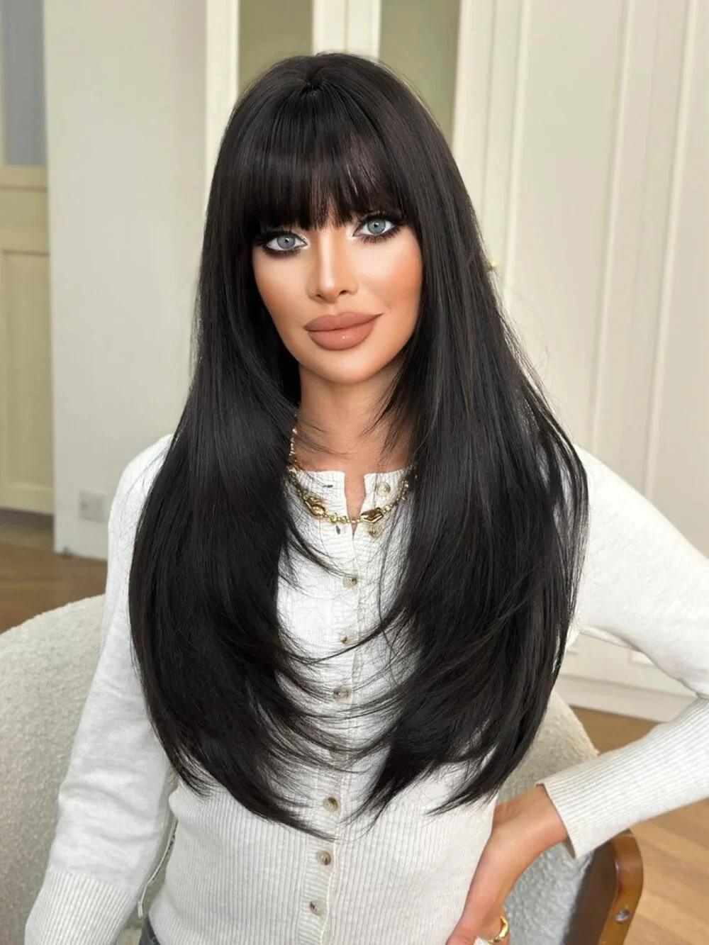 Women's Dark Brown 26 Inch Heat Resistant Synthetic Long Straight Wigs Bangs
